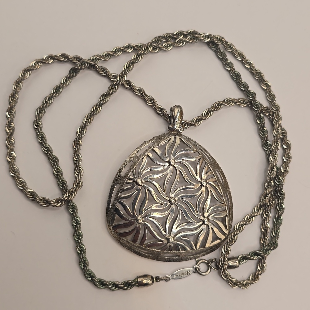 Vintage Napier Large Silver Tone Ornate Pendant Necklace